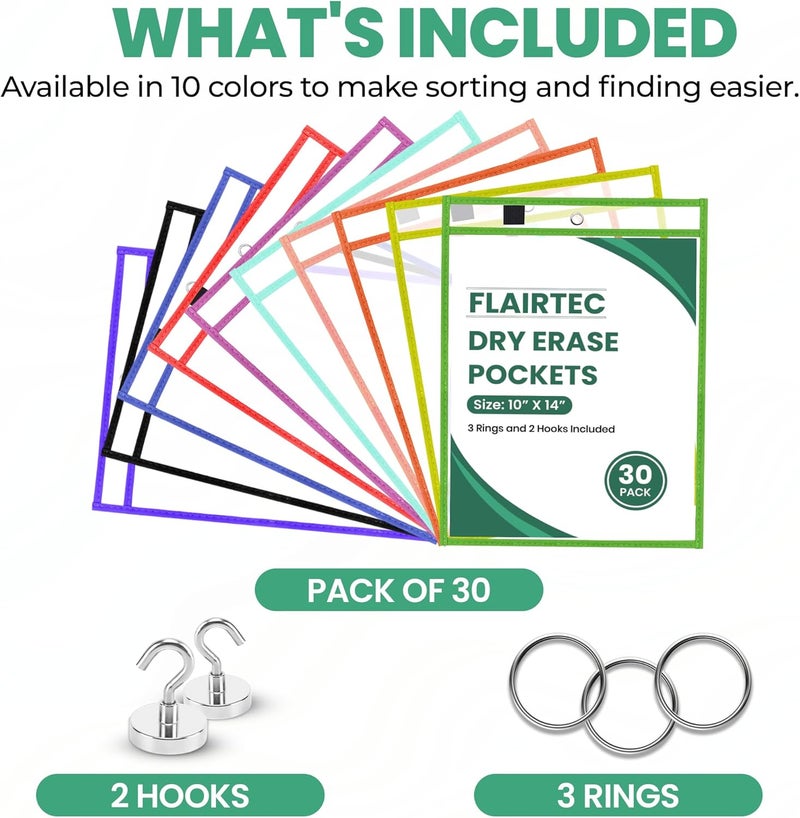 FLAIRTEC 30-Pack Dry Erase Pockets – 10x14 Heavy Duty Sleeves with Cloth Binding – Fits 8.5x11 or 9x12 Worksheets – Includes 3 Rings and 2 Hooks – Classroom and Office Use - Image 3